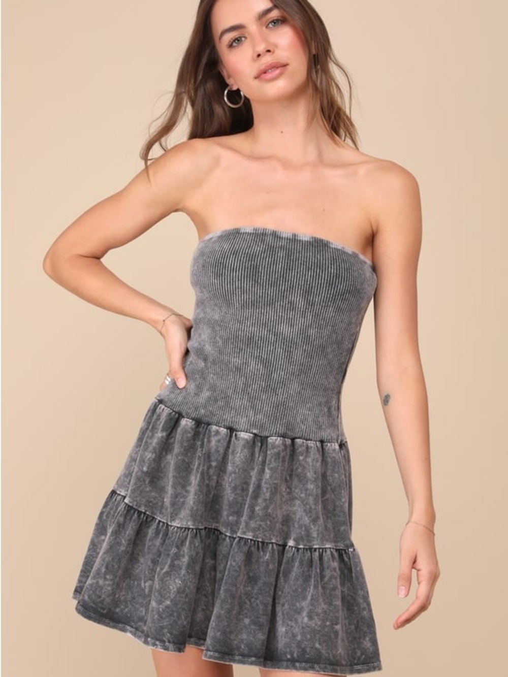 Lulus Cute Always Black Mineral Washed Ribbed Tiered Mini Dress - Size XS
